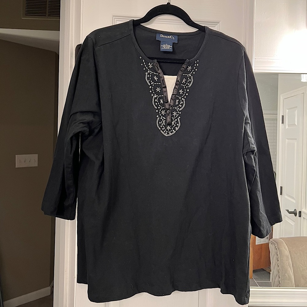NEVER WORN Denim & Co black 3/4 sleeve V-neck with beading around collar